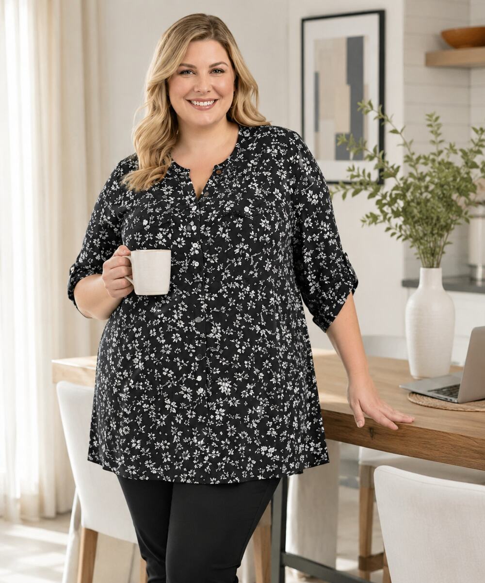 Cocomo Woman Black & White Floral Roll-Tab Sleeve Top Size 2X NWT
